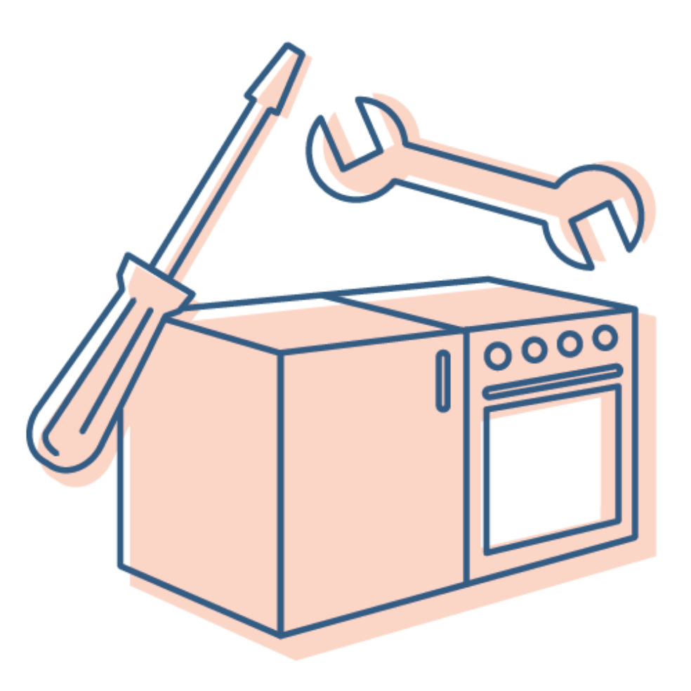 An illustration showing a microwave and tools. 