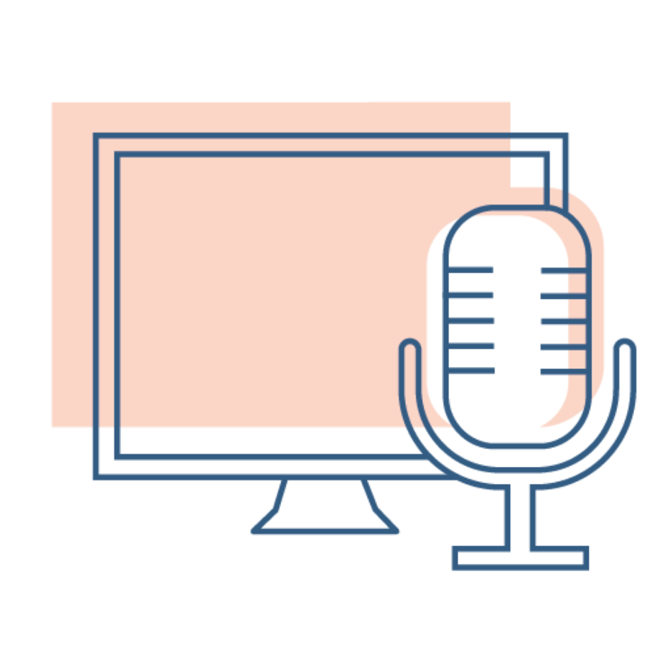 An illustration showing a computer screen and a microphone. 